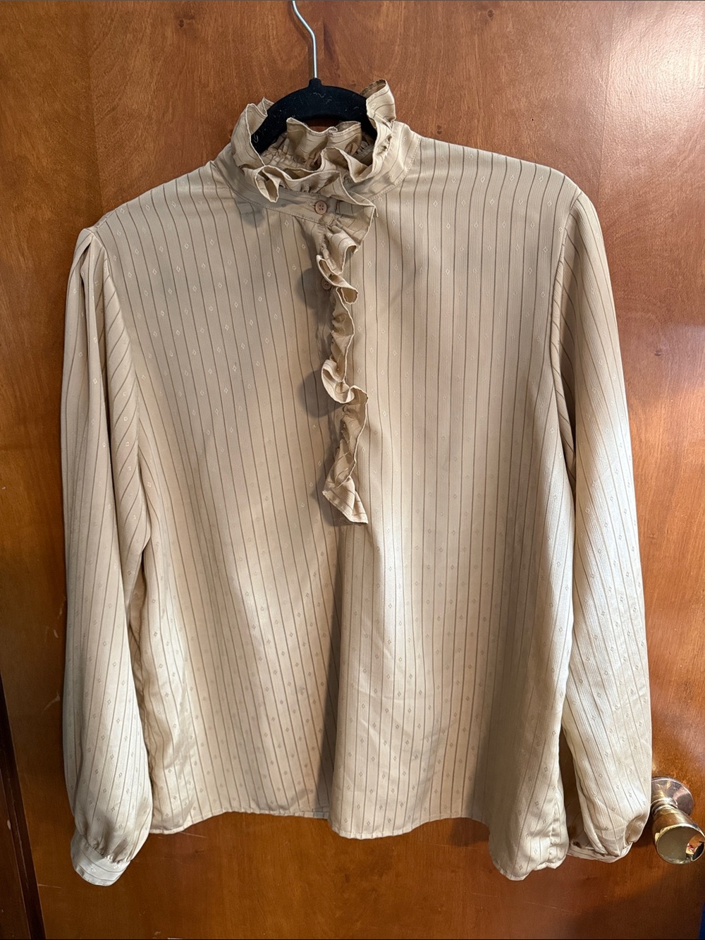 Vintage Chateau Light Beige Ruffled Blouse with Subtle Stripe
